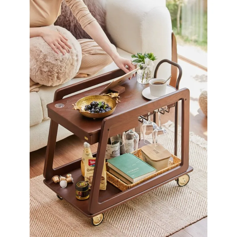 Solid Wood Movable Dining Car Home Living Room Small Apartment Sofa Side Table Snacks Cup Draining Board Drinks Trolley