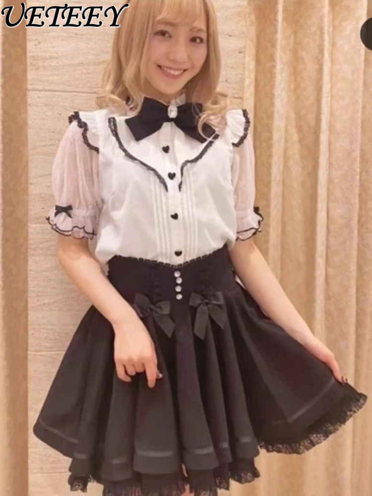 Lolita Sweet Cute Girls Slimming Rhinestone Short Skirts Japanese Mine Style Black Lace Bow High Waist A-Line Skirt Faldas