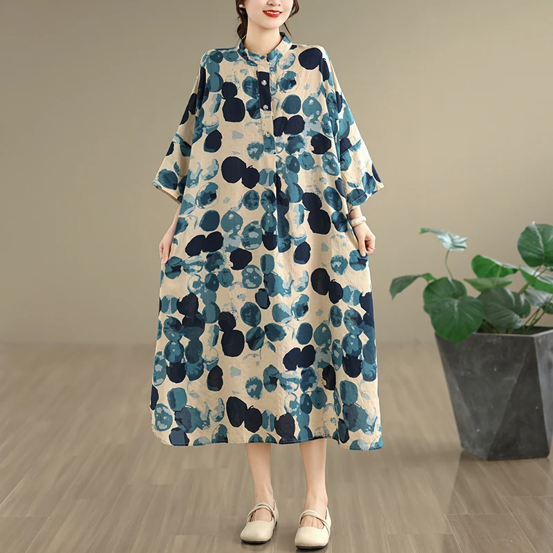 Summer New Retro Cotton Linen Print Dress Stand Collar Loose Oversize Holiday Style Robe Casual Long Skirt H Type Pattern