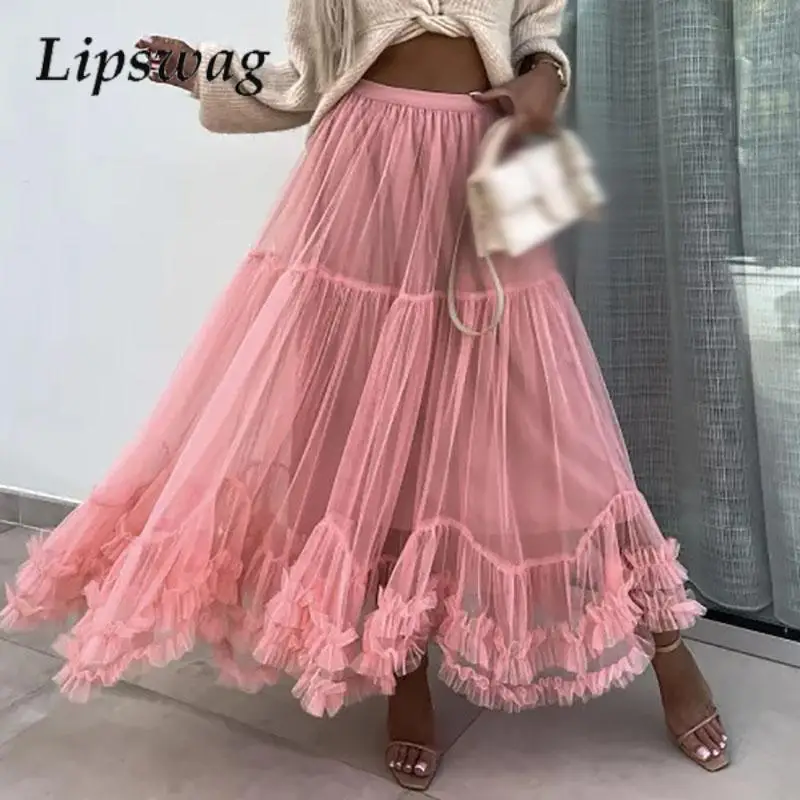 

Women Solid Color Cake Skirt Temperament Party Dress Fashion High Street Versatile Skirt Chic Mesh Pleated Splicing Sweet Skirt