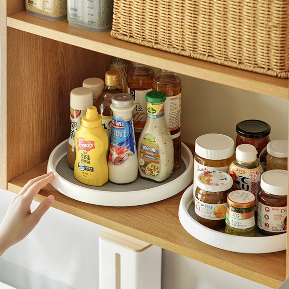 Rotating Organizer Pantry Cabinet Turntable Kitchen Storage Tray Condiment Storage Rack 2 Tier Round Shelf Spice Rack