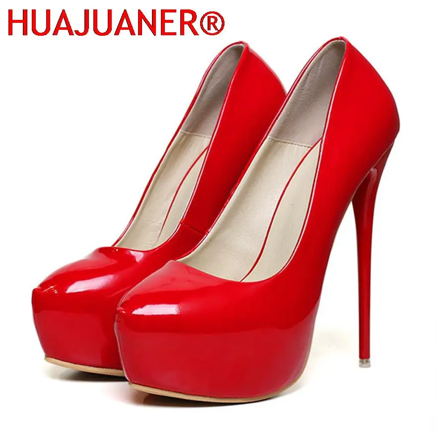 

Big Size 35-47 Patent Leather Red Wedding Shoes 2023 Women Round Toe Super High Heels 16cm Pumps Sexy Platform Party Shoes Woman