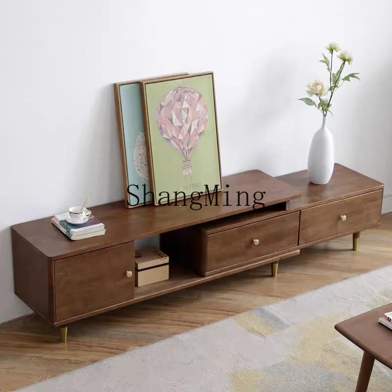 

ZYY solid wood retractable TV cabinet modern simple light luxury walnut floor cabinet small apartment coffee table combination