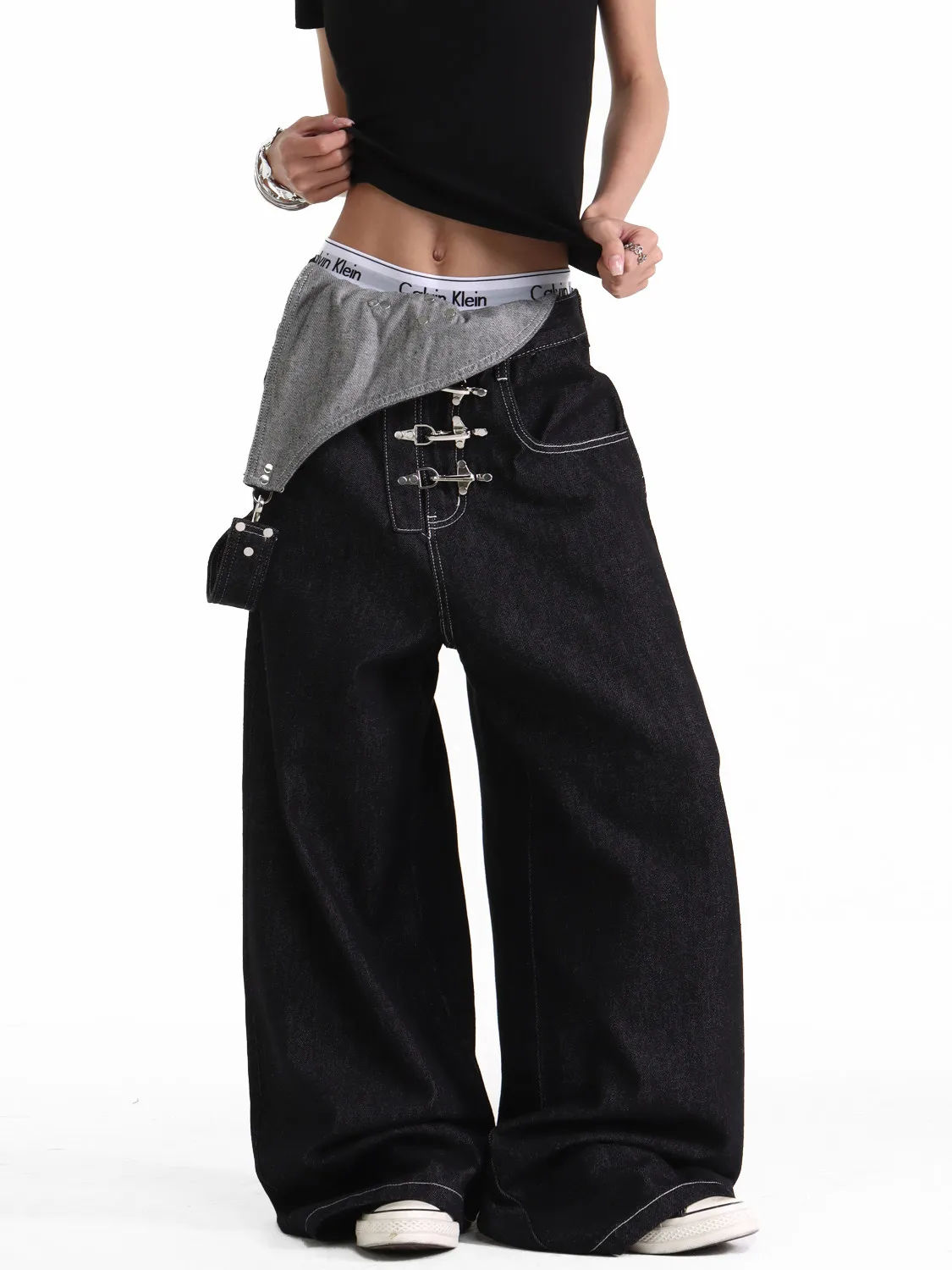 American Streetwear Vintage Detachable Three-Way Aircraft Buckle Single Shoulder Denim Overalls Men's Wide Leg Floor-Length C...