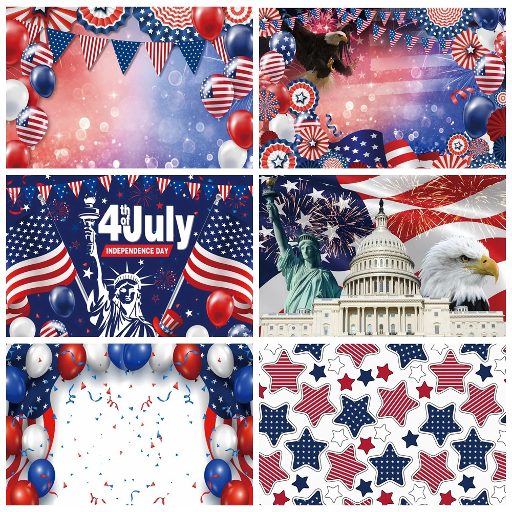 July 4th Independence Day Photography Backdrop Colorful Balloon Statue of Independence American Flag Photocall Photo Background
