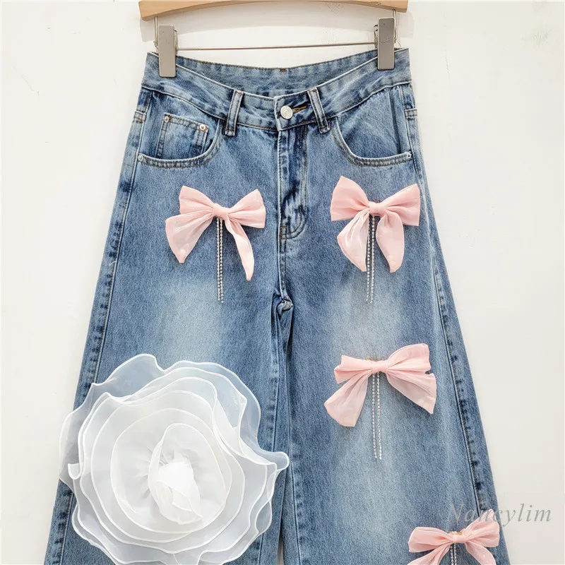 European and American Style Bow Tassel Rhinestone Wide Leg Jeans Woman 2024 New Street Slimming 3D Flower Denim Straight Pants