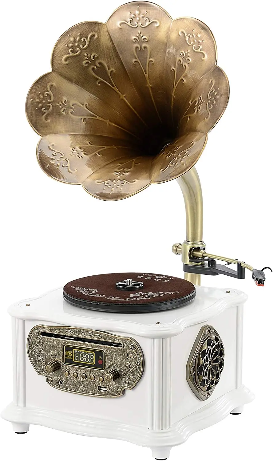 White Vintage Classic Home Decoration Retro Antique Gramophone Phonograph Turntable Vinyl Record Player Stereo Speakers System