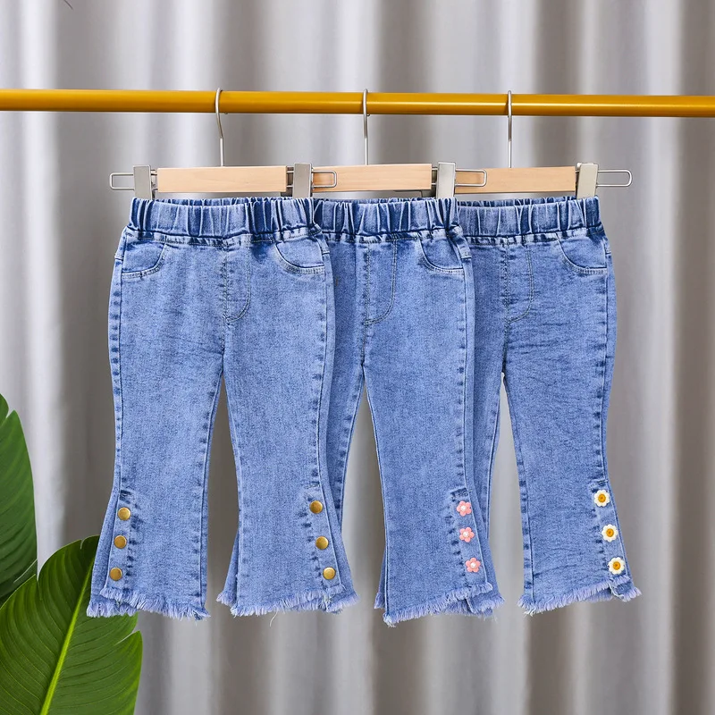 2024 New Spring and Autumn Children\'s Jeans Fashion Girls Korean Bow Horn Jeans Infant Stretch Pants 0-5 Years Old