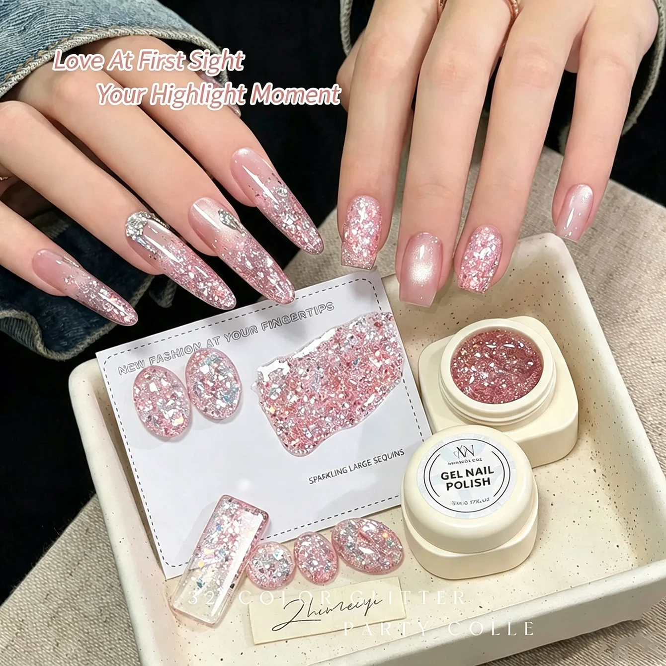 Pink Iridescent Chunky Glitter Gel Nail Polish Sparkly Sequins Flash Nail Art Varnish Long Lasting UV Gel for Salon DIY Manicure