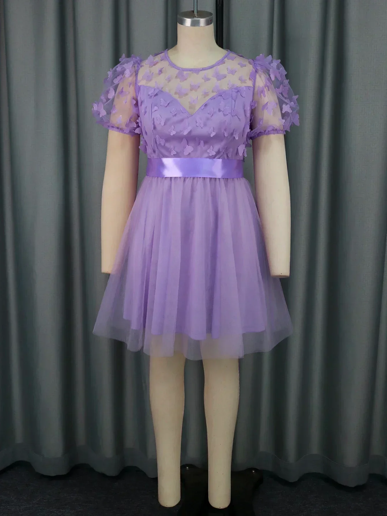 Women Plus Size Sweet Dress Lavender 3D Butterfly Mesh See Through Puff Sleeve High Waist A-Line Birthday Homecoing Mini Gowns