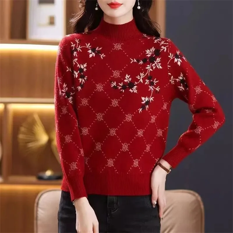 Semi-Turtle Neck Sweater Women's New Pullovers Autumn Winter 2024 Jacquard Knitwear Female Jacket Fashion Loose Coat Ladies Tops