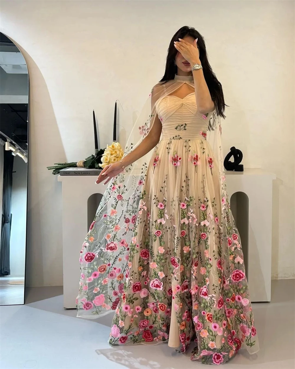  Fashion Halter Sheath Celebrity  Flowers Tulle Chiffon Occasion Evening Gown party dress women elegant luxury