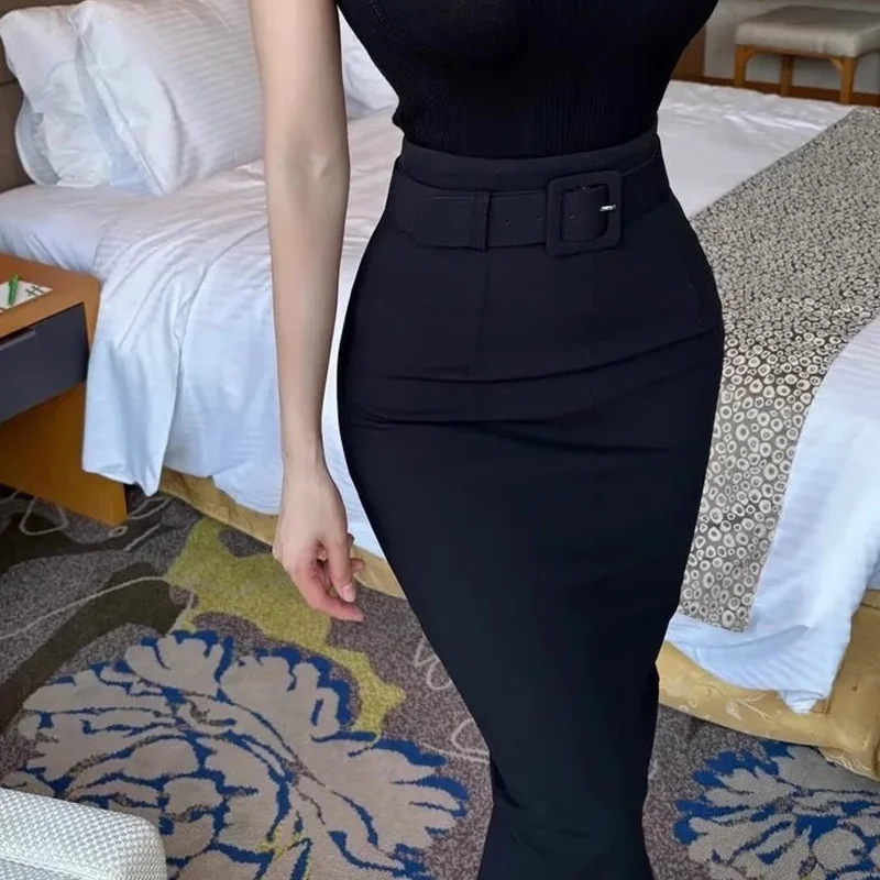 

Моющаяся облегающая юбка с высокой талией Ele, женское платье, Новое поступление, с поясом, средней длины, из смеси полиэстера, для поездок на работу