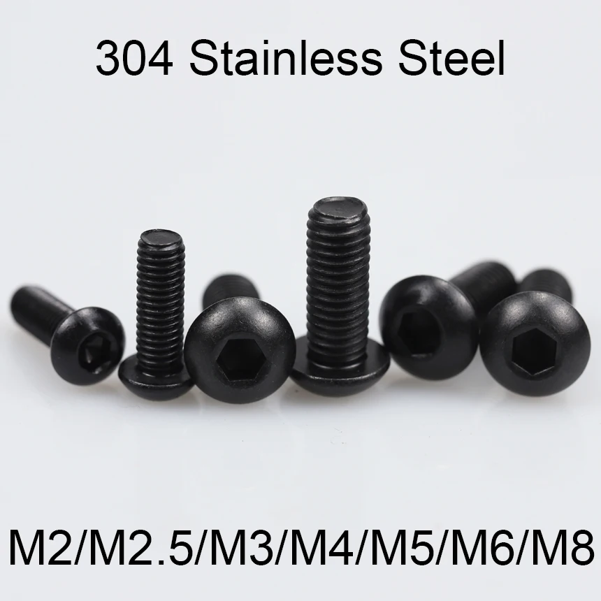 M2 M2.5 M3 M4 M5 M6 M8 Metric Black A2 304 Stainless Steel 304ss Inner Hex Hexgaon Socket Button Round Allen Head Screw Bolt