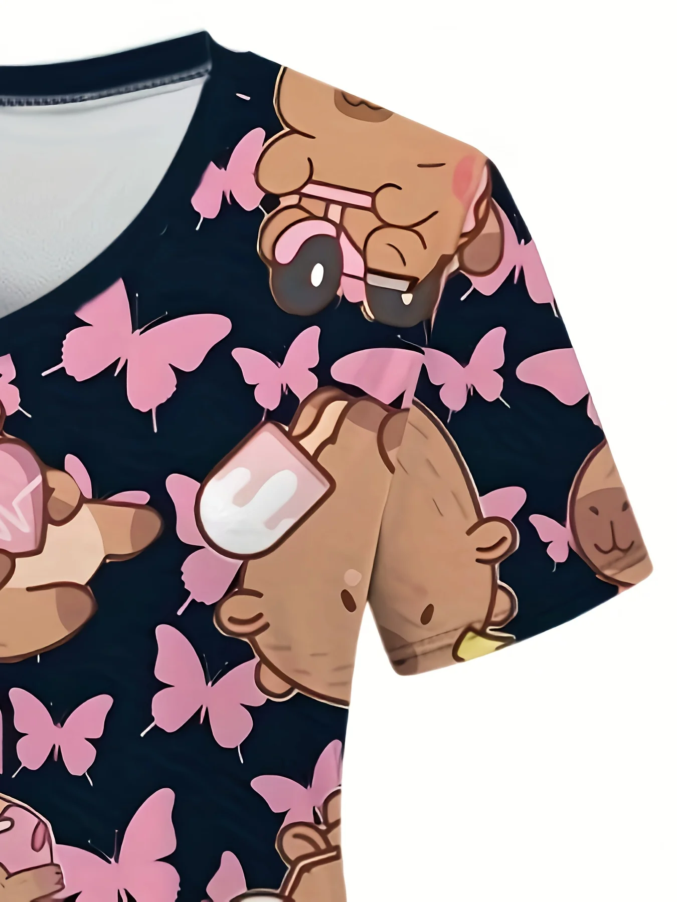 Haut d'uniforme d'infirmière décontracté à manches courtes et col en v pour femmes, chemise de travail à imprimé floral et cochon de dessin animé mignon avec poches pour les travailleurs