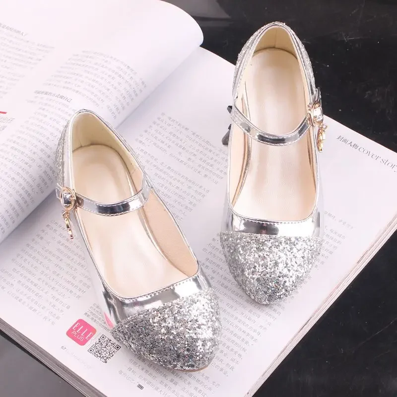 Kids Princess Party School Shoes High Heels Gold Silver Elegant Children Girls Dress Leather Shoes New Fashion Sequins Design