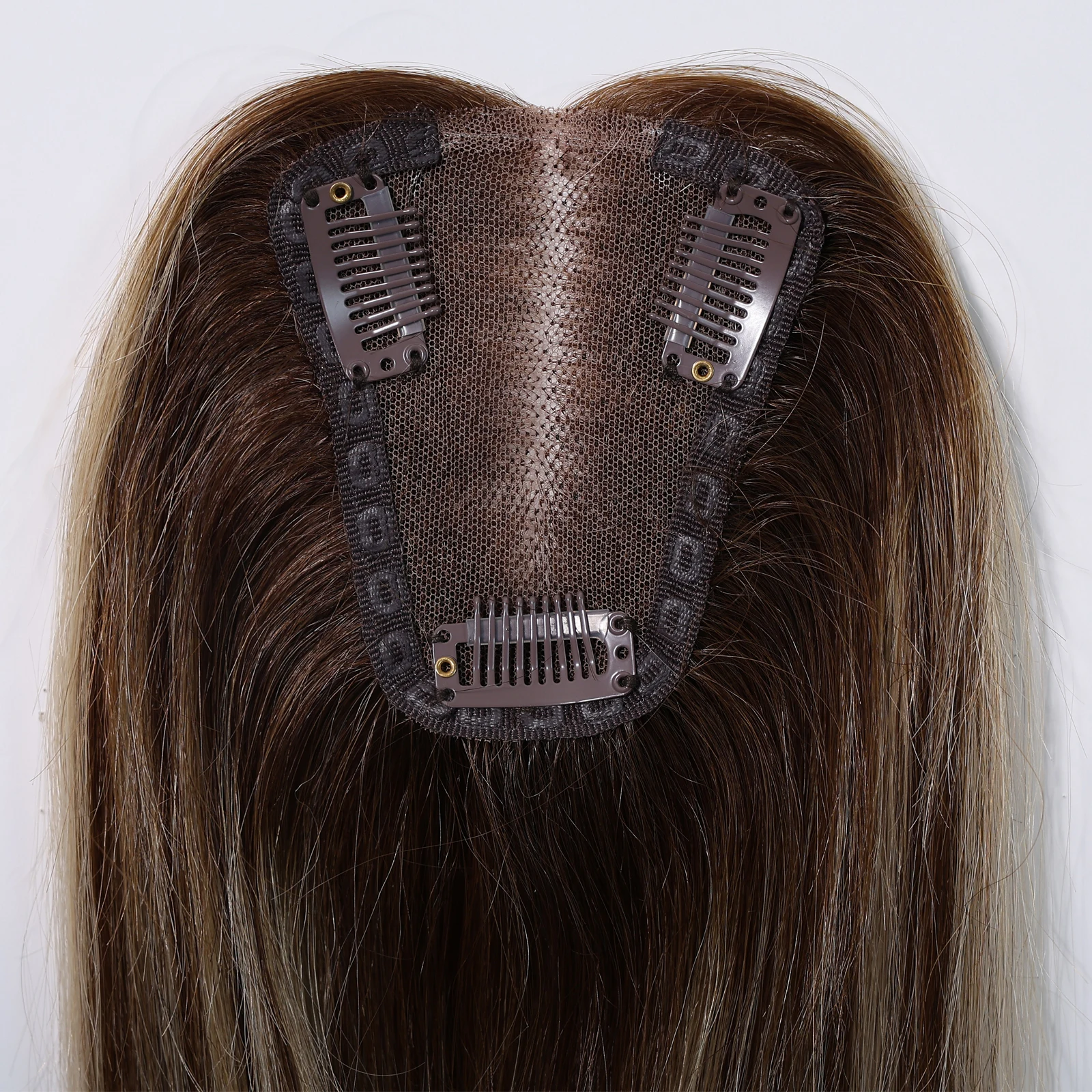 Dark Brown Blonde Highlight Remy Human Hair Topper Lace Base 3 Clips In Hairpieces for Women 12 Inches 100% Remy Human Hairpiece