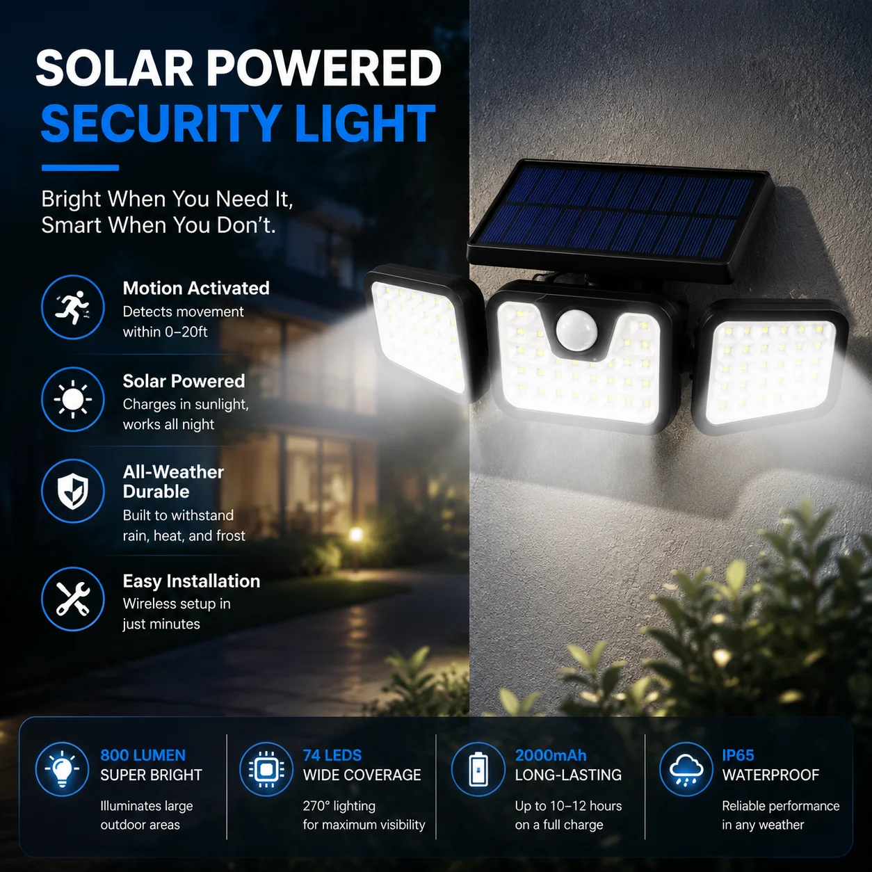 Smart Garden Led Lights - 3灯式ソーラーモーションセンサーライト（屋外用）、IP65防水、ワイヤレスLEDセキュリティ投光灯、自動充電式、壁掛け式、明るい照明、庭、ガレージ、中庭、通路などに最適、低消費電力、耐久性、超高輝度、夜間の安全性を高めるスマート検知モード搭載。