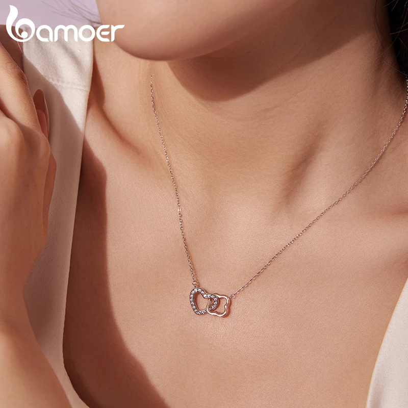BAMOER 925 Sterling Silver Lucky Heart Necklace Connected  Necklaces and Pendants for Girlfriend Valentine's Day Gift