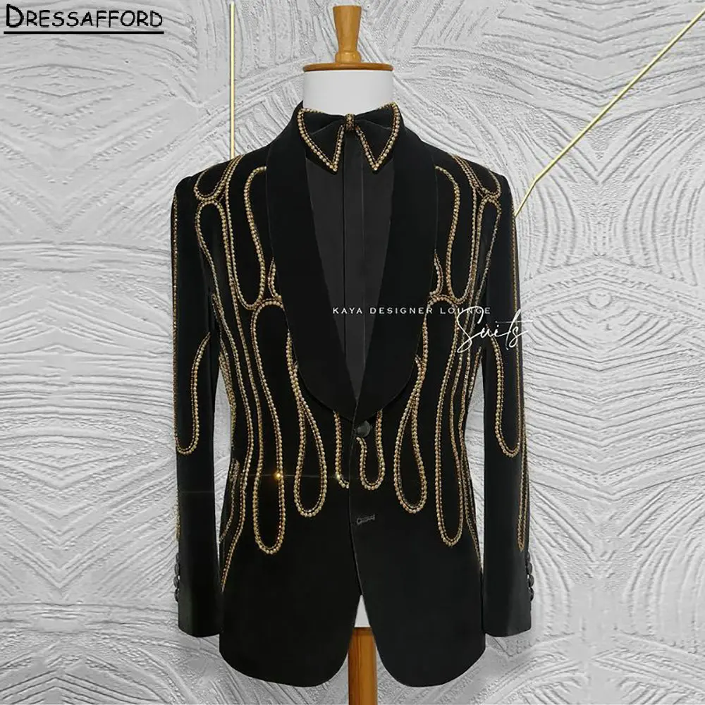 Black Men Suits For Wedding Sparkle Gold Beading Groom Tuxedos 2 Pieces Jacket Pants Prom Blazers Customized