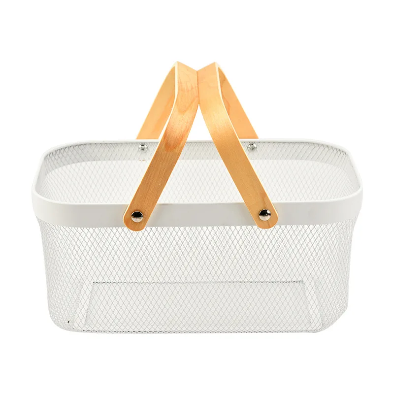سلة فولاذية شبكية معدنية ، منظم تخزين الطعام السلكي بمقبض خشبي ، سلة مستطيلة للمطبخ #5