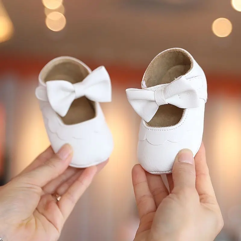 Antislip Rubber Sole Baby Shoes Girls Bowknot Princess Shoes for Christening White Baptismal Prewalker 0-18Months