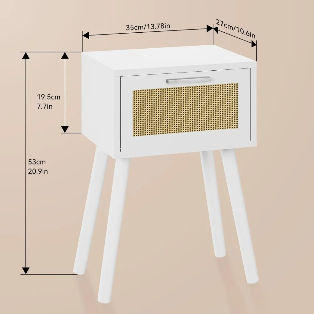 مجموعة منضدة YMYNY مكونة من 2، طاولة نهائية، طاولة صغيرة بجانب السرير، درج مزين بالروطان مصنوع يدويًا، أرجل من الخشب الصلب، طاولة جانبية حديثة