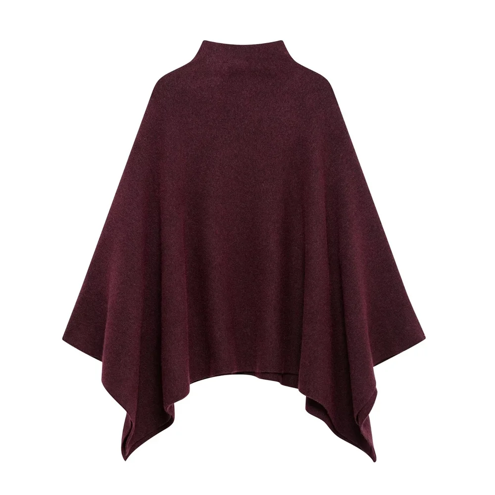 Zach Ailsa Women's Solid Color Sensory Asymmetric Wide Pine Stand Neck Wine Red Knitted Sweater Autumn/Winter New Cloak Sweater