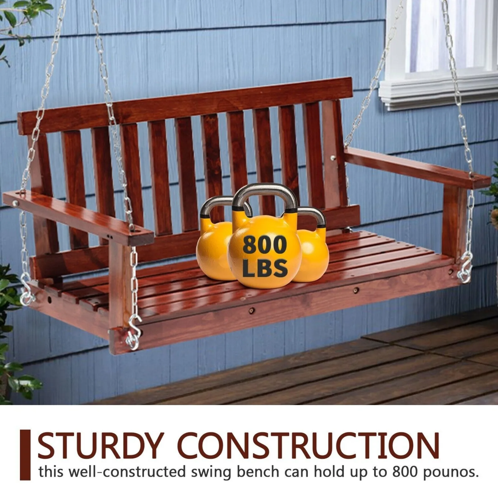 Wooden Porch Swing Heavy Duty 800lb Weight Capacity Swing Bench w/Hanging Chains United States