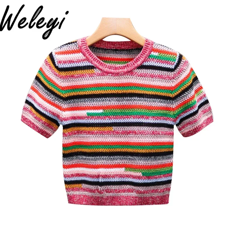 Rainbow Stripe Knitted Sweater High End Women's Clothing Ropa De Mujer Kawaii 2024 French Fashion Versatile Short Knitted Top