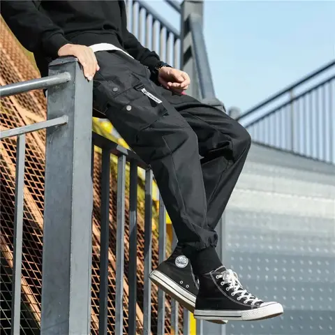 New street casual pants men's satin belt harem jogging pants men's slim fit spring work pants multi pocket men's pants