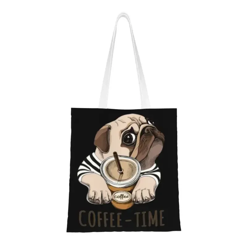 Reusable Coffee Time Pug Funny Dog Pet Shopping Bag Shoulder Canvas Tote Bag Durable Bulldog Lover Animals Grocery Shopper Bags