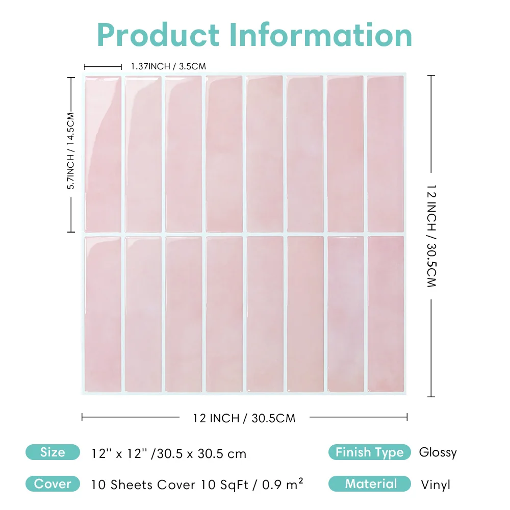 Waterproof, Easy to clean, 30.5 x 30.5 cm, 10 pack, Adhesive Vinyl, Bright Surface Wallpaper, Peel and Stick Tile stickers