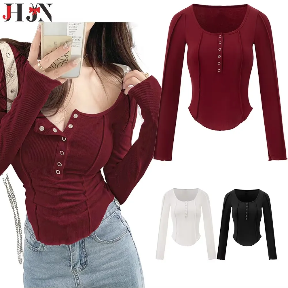 JHJN2024 Autumn Women's models Bottom Shirt Knitted Shoulder Long Sleeve T-shirt Slim Spice Girls Pullover Round neck Outer Tops