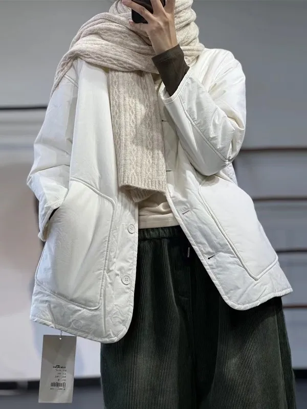 

Slimming Long Velvet Cotton Warm Lightweight round Ne Cotton Jaet Autumn Winter Versatile Sli Commute Korean Sle Lo...