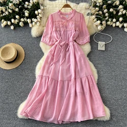 lace-up o neck lace PATCHWORK vintage Dress French Party Elegant Vestidos Summer Sexy Slim Women dresses