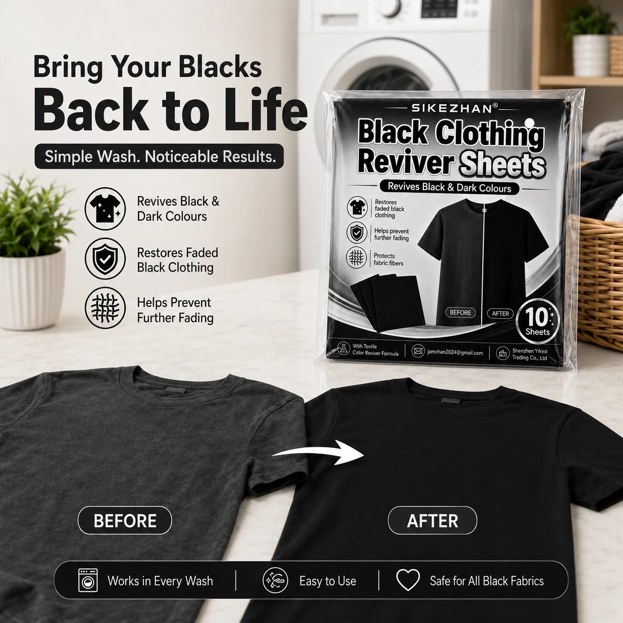 SIKEZHAN 80PCS Black Clothing Reviver Sheets, In-Wash Colour Restorer for Faded Black Clothes, T-Shirts, Jeans and Dark Laundry
