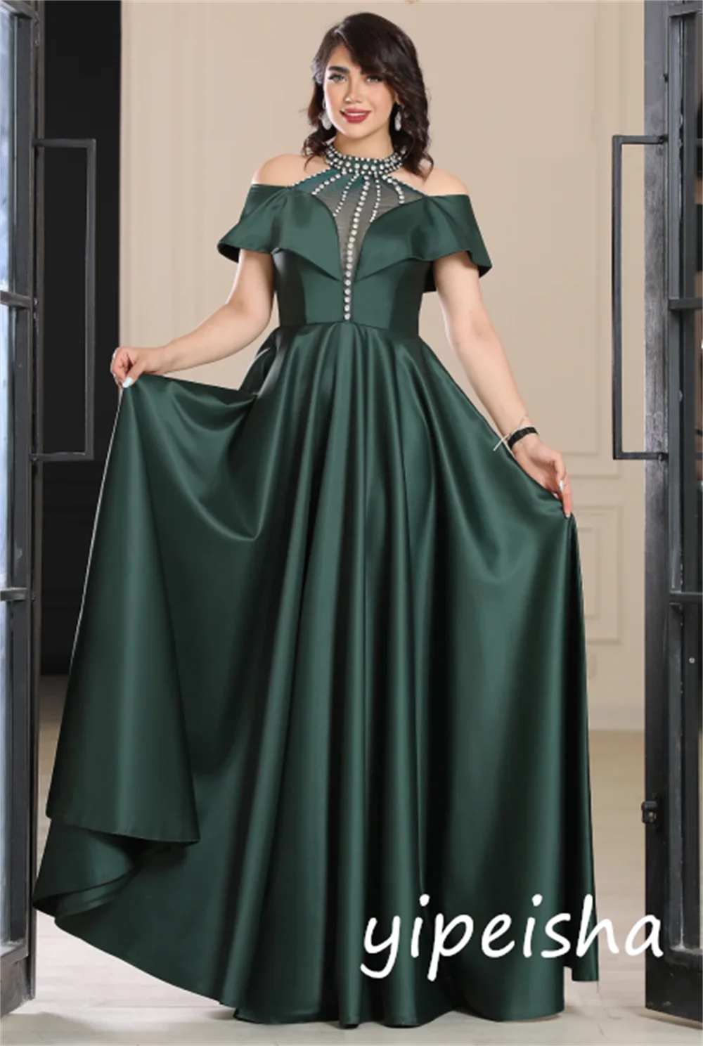 カスタマイズされたモダンスタイルのシャルムーズ、スパンコール付きプリーツ、Aライン、オフショルダー、ロングドレス、オーダーメイド、特別な機会、セクシー