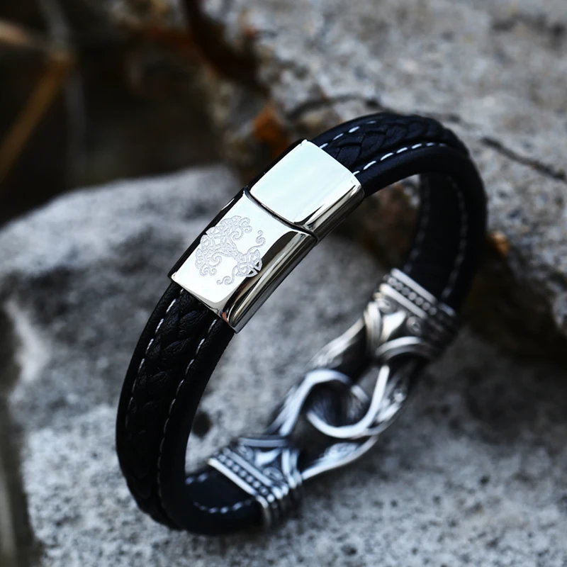 316L Stainless Steel Wholesale Price Punk Leather Bracelets Nordic Viking Jewelry For Man Drop Shipping Fashion Jewelry LBC-L034