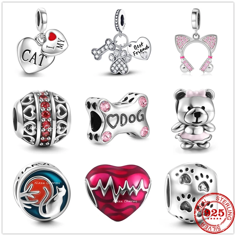 New 925 Sterling Silver i Love My Cat Heart Beat Dog Paw Bear DIY Bead Fit Original Pandora Charm Bracelet Jewelry Gift 2023