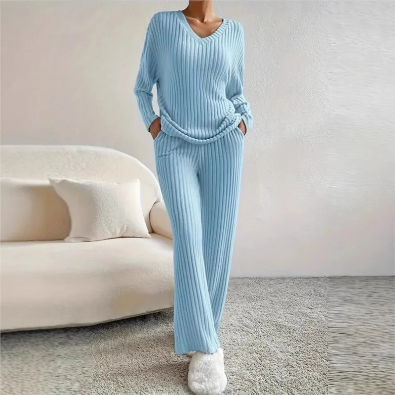 

Spring Set Home Fashion Straight Leg Pants Temperament Loose V-neck Long Sleeved Top With Pit Stripe Solid Color Two-piece Set