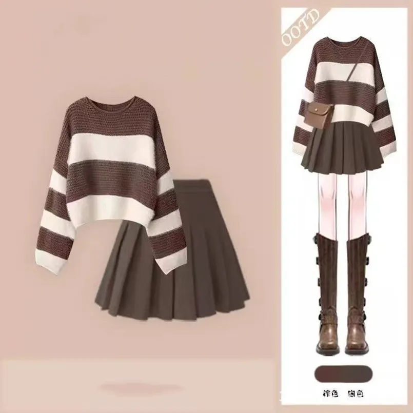

Autumn and Winter Women's High-end New Striped Sweater+college Style Pleated Short Skirt Two-piece Set