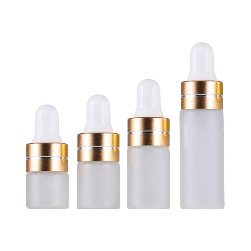 

100Pcs Dropper Bottle 1ML 2ML 3ML 5ML Glass Frosted Vials Gold Ring With Line White Top Portable Packaging Essential Oil Bottles