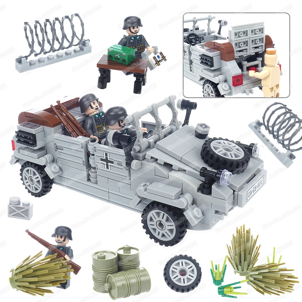 Army VW82 Type Barrel Car Military Building Block Assembled WW2 Figures Transportation Equipment Scenes Model Child Gift Boy Toy