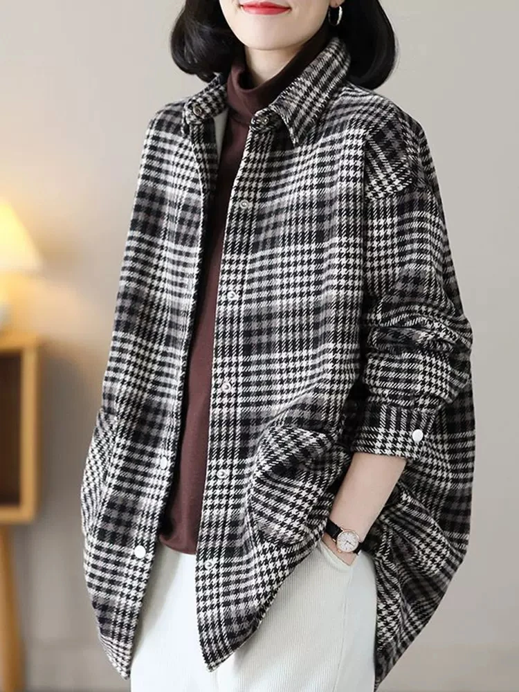 Retro Plaid Fce Lined irt Jaet Women's Loose Commute Versatile irt Top Trendy Korean Sle Long Sve  Collar