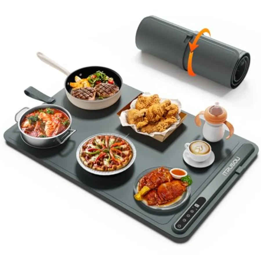 

Warming Mat for Food 24"x16" - 7-Level Electric Warming Tray with 400W High-Power Timer 0 99H and Built-In Strap - Rollable Foo
