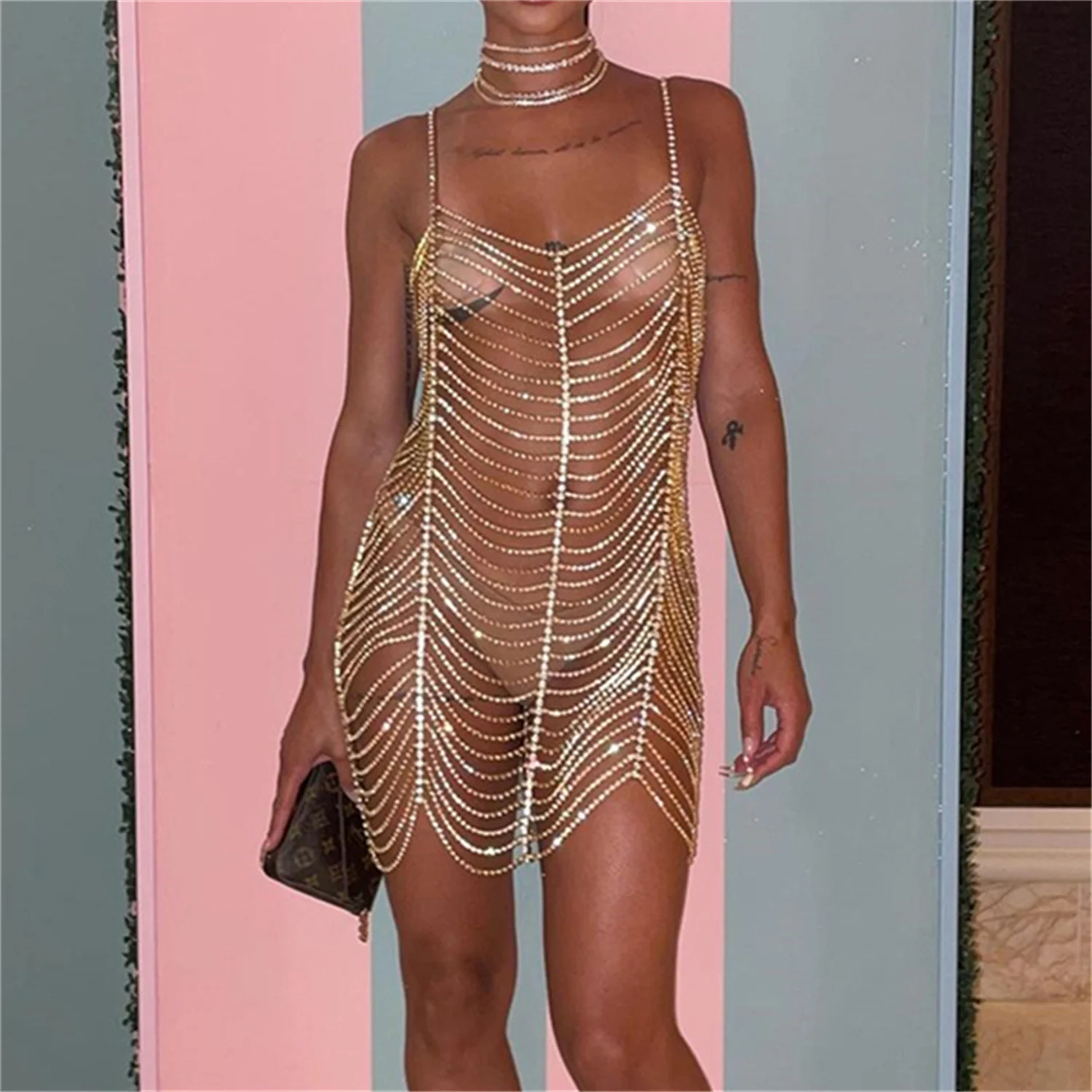 رائعة لامعة متعددة الطبقات الأسود حجر الراين شرابة حزام الصدرية الأعلى مثير كريستال الجسم سلسلة مخلب سلسلة مجوهرات #4