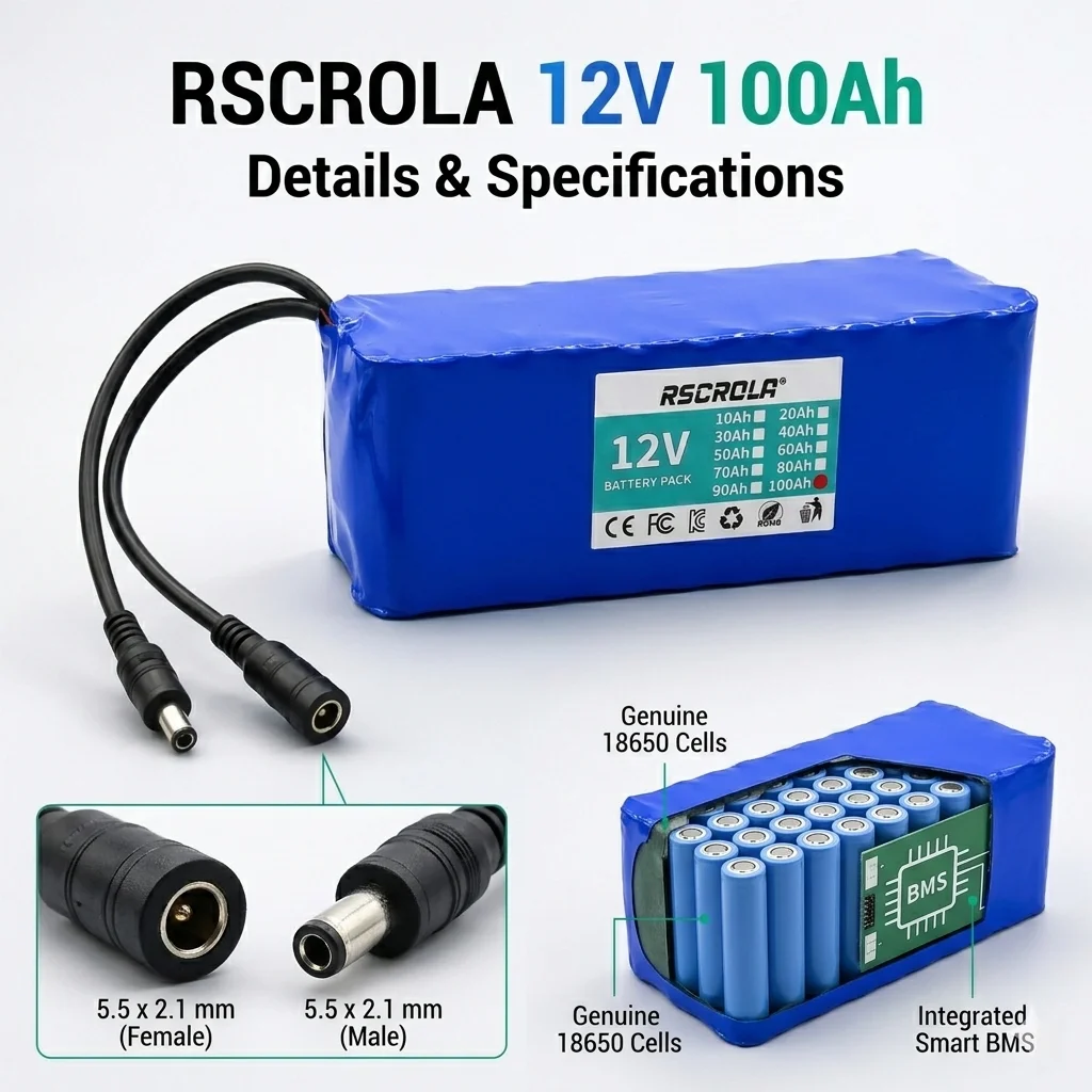 12V 100Ah 18650 Li-Ion Battery Pack Rechargeable Power Supply for Solar Light, Router, Car Washer, LED Strip, Outdoor Camping