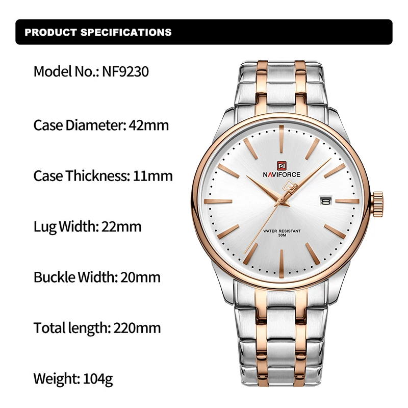 Luxury NAVIFORCE Men Waterproof Watches Stainless Steel Band Business Quartz Wristwatch Auto Date Display Man Clock Reloj Hombre