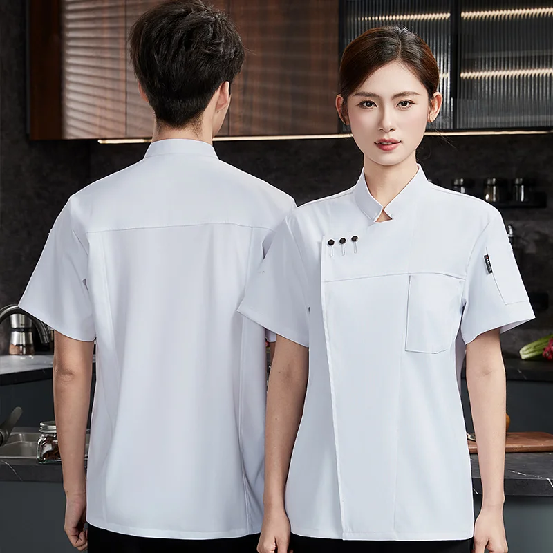 Abrigo de Chef de verano negro para hombre, chaqueta de Chef de Hotel con Logo, abrigo de cocina, delantal, uniforme de Chef de manga corta, ropa de restaurante